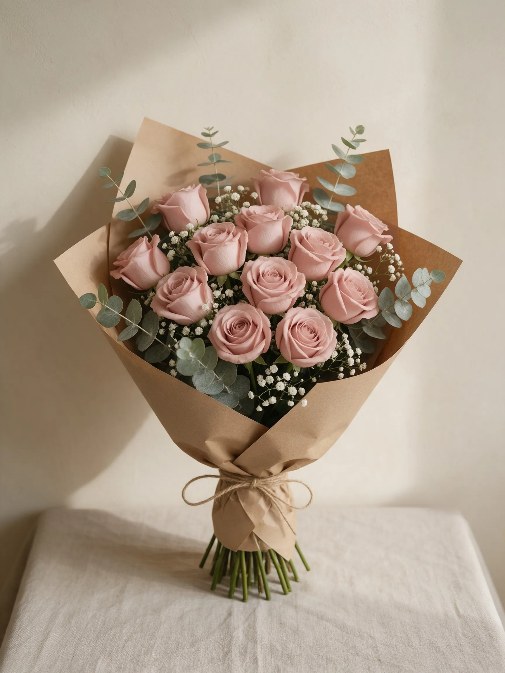 Ramo de doce rosas rosado palo con eucalipto y paniculata, envuelto en papel kraft