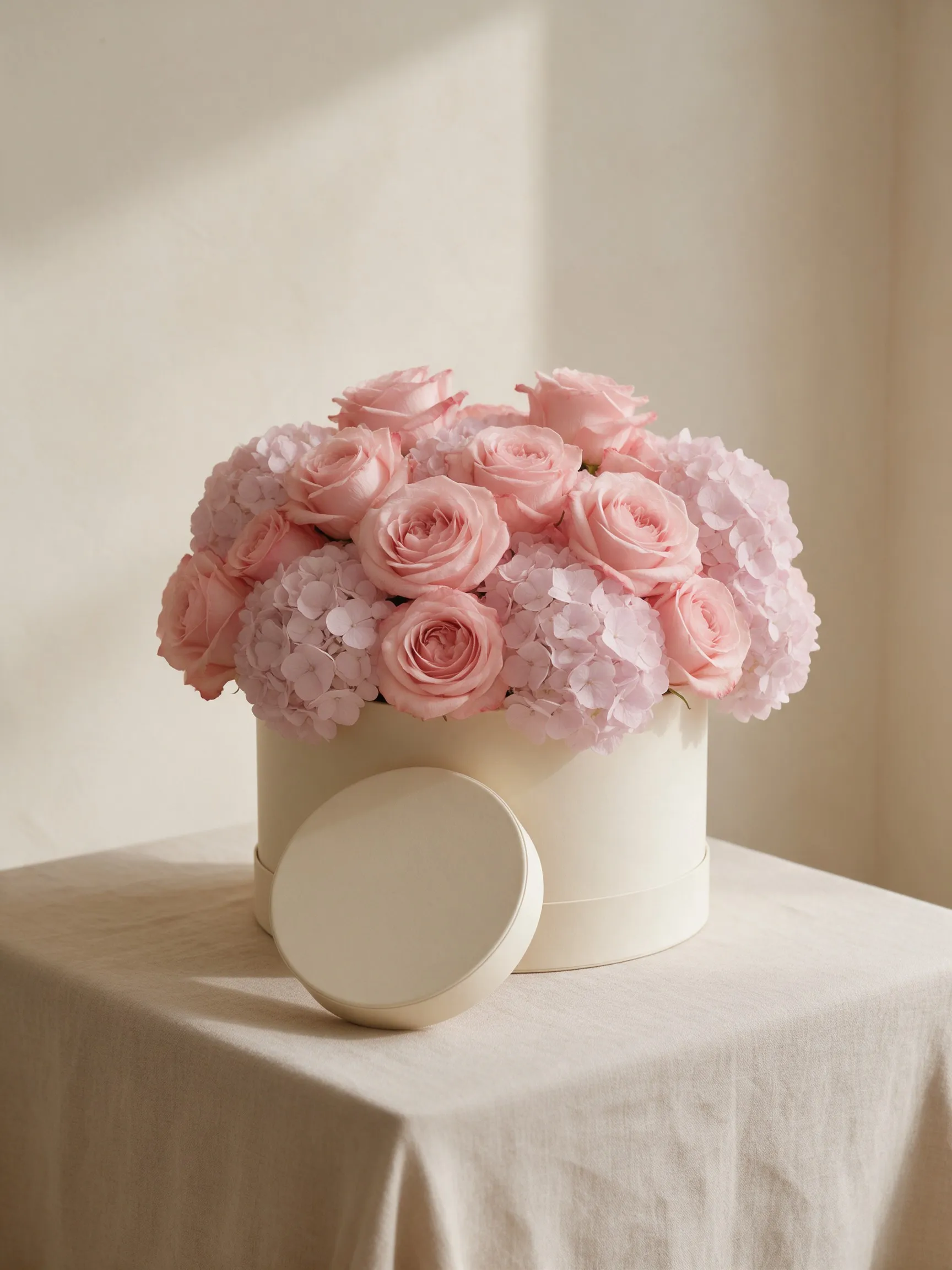 Rosas rosado claro y hortensias lila en una caja redonda color crema, con la tapa al lado