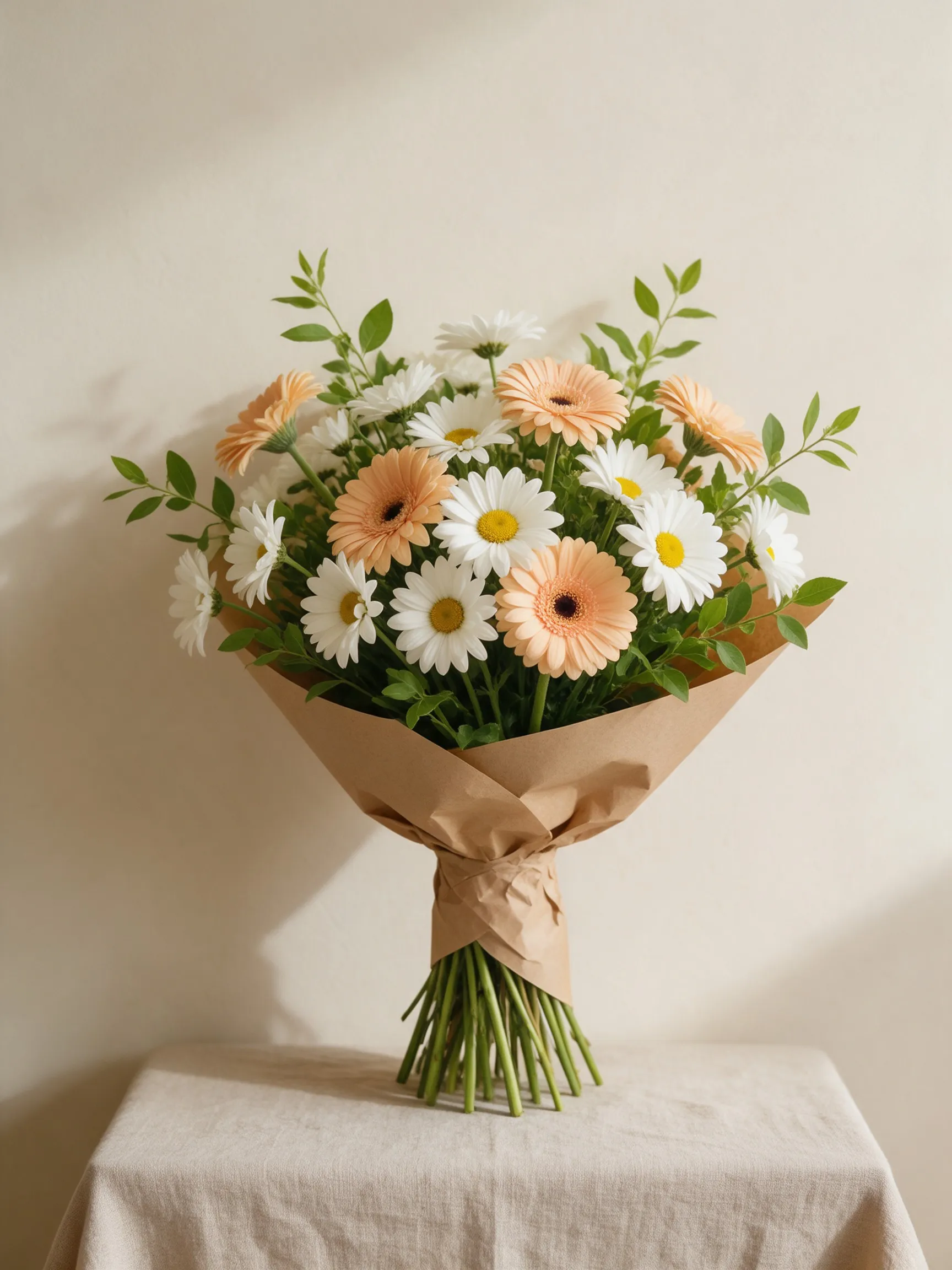 Ramo de margaritas blancas y gerberas durazno con follaje verde, en papel kraft