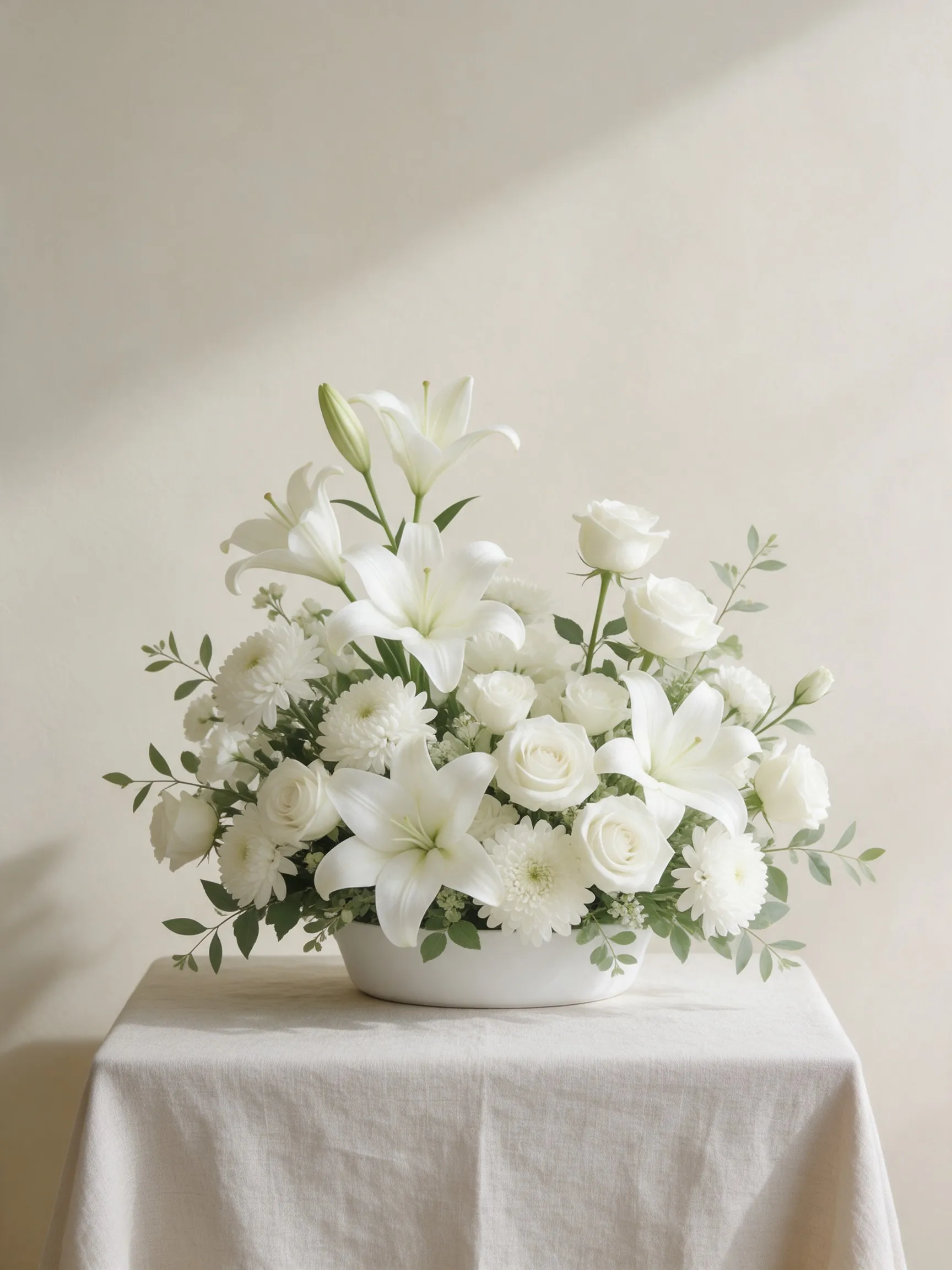 Arreglo blanco de lirios, rosas y crisantemos con follaje verde suave