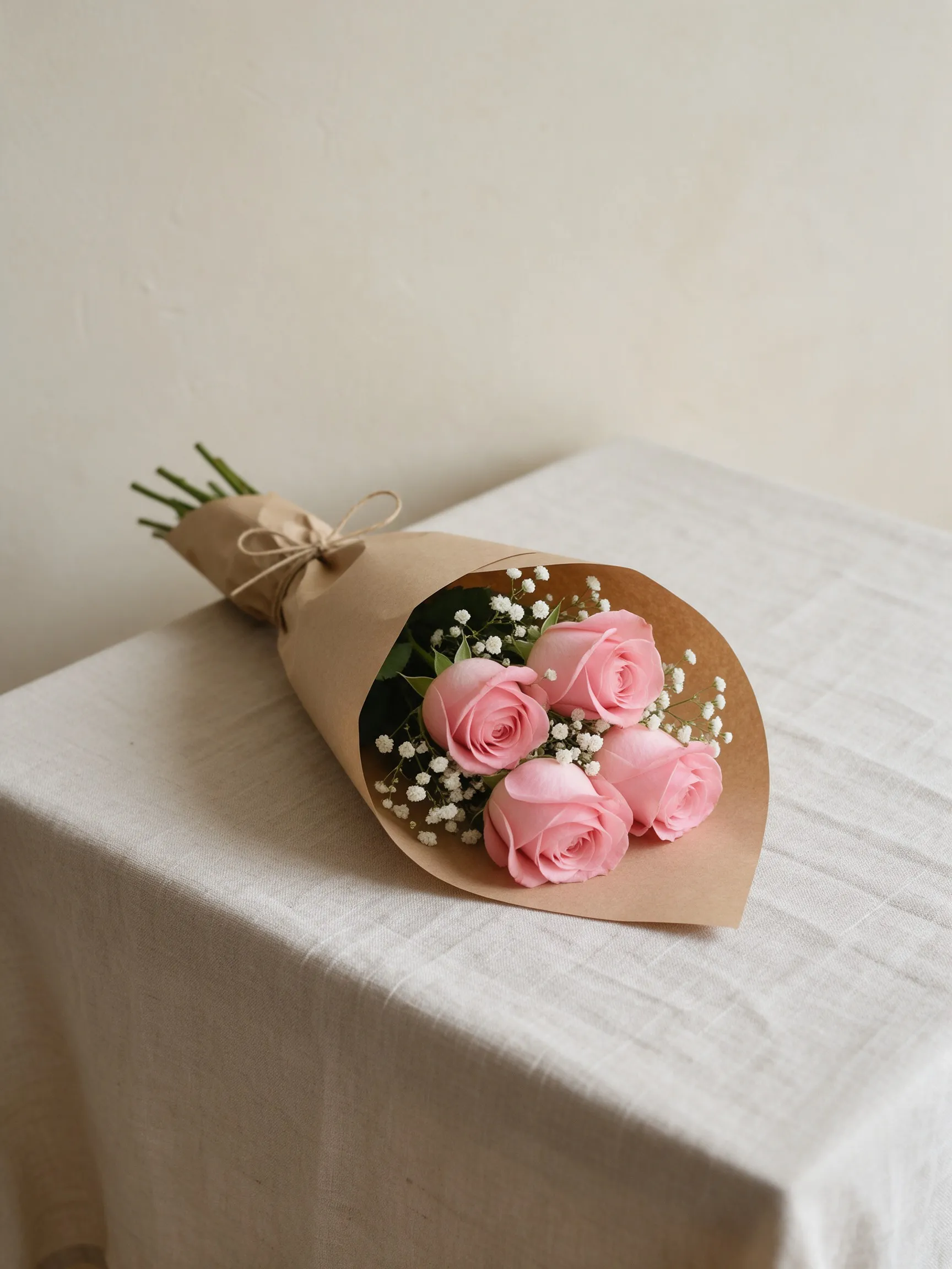 Ramo pequeño de tres rosas rosadas con paniculata, en papel kraft con un moño de pita