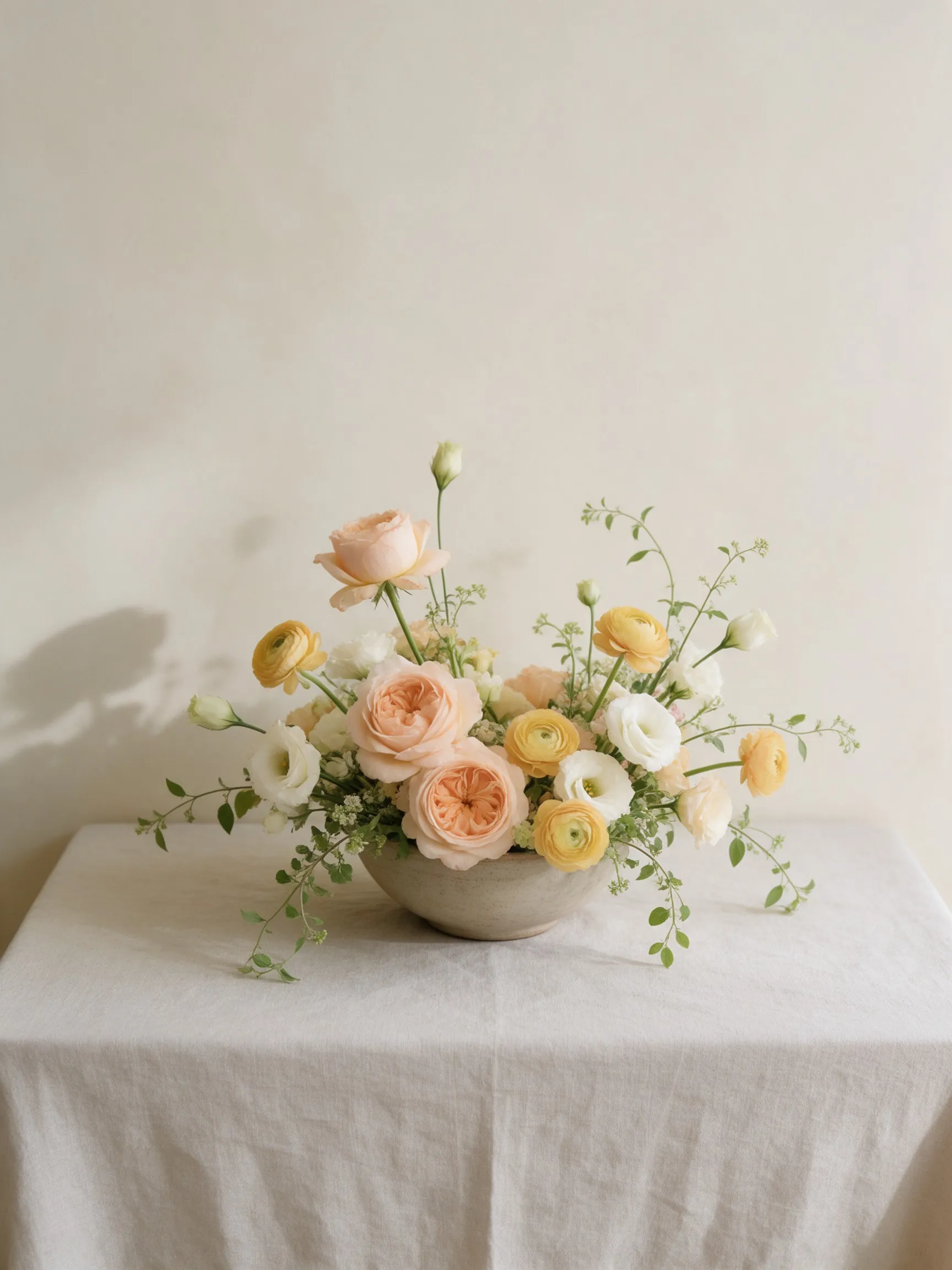 Arreglo bajo de rosas durazno, ranúnculos amarillos y lisianthus blancos en una base de cerámica