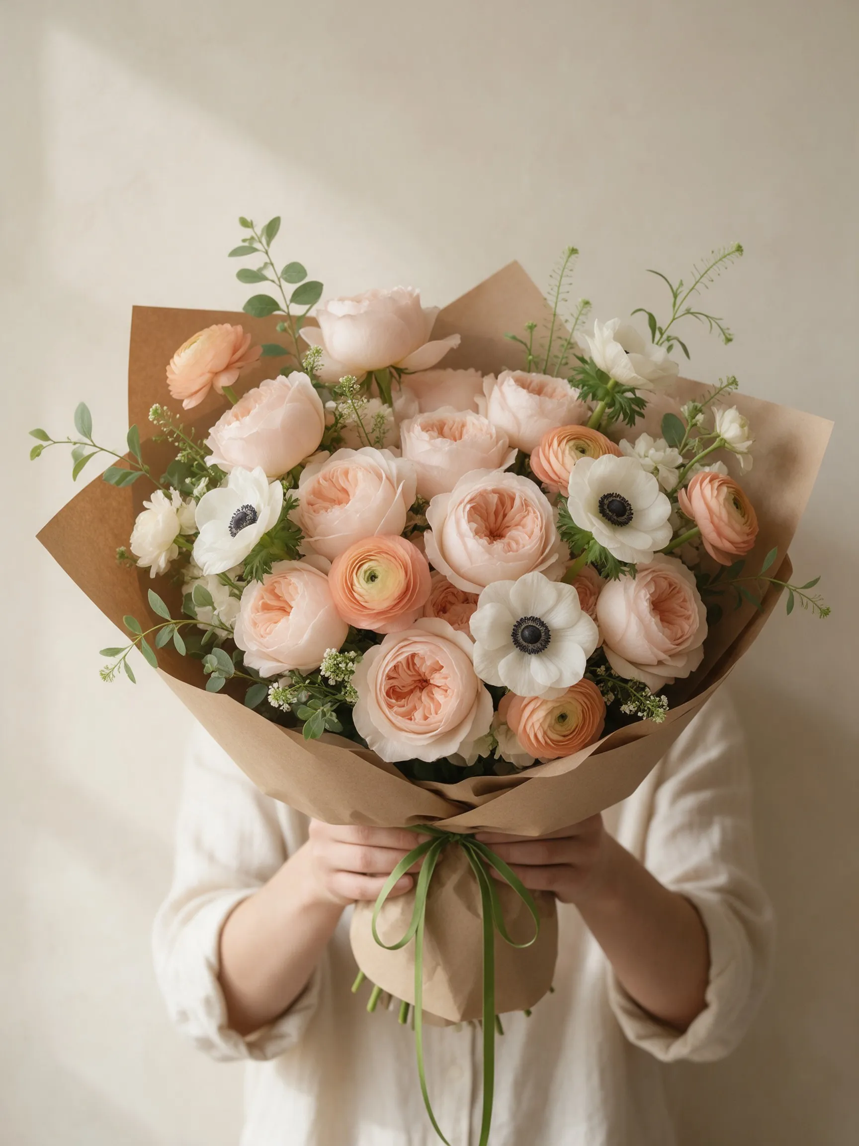 Manos de la florista sosteniendo un ramo grande de rosas de jardín, ranúnculos durazno y anémonas blancas en papel kraft
