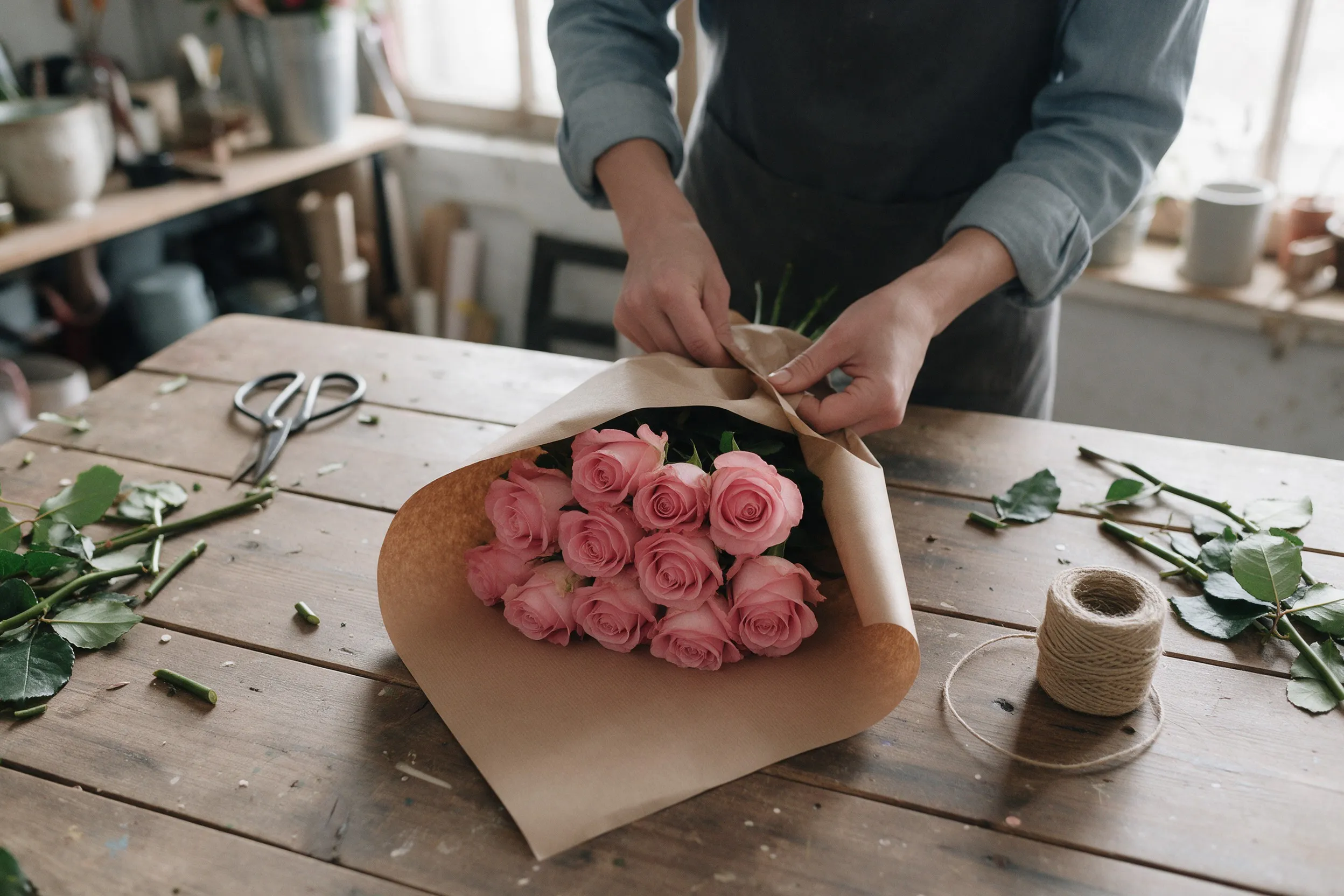 Manos de la florista envolviendo un ramo de rosas en papel kraft sobre una mesa de madera, con tijeras y pita